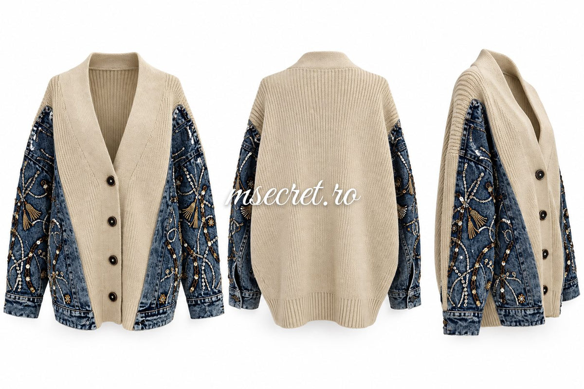 Pulover tip jacheta bej cu maneci din denim - colaj
