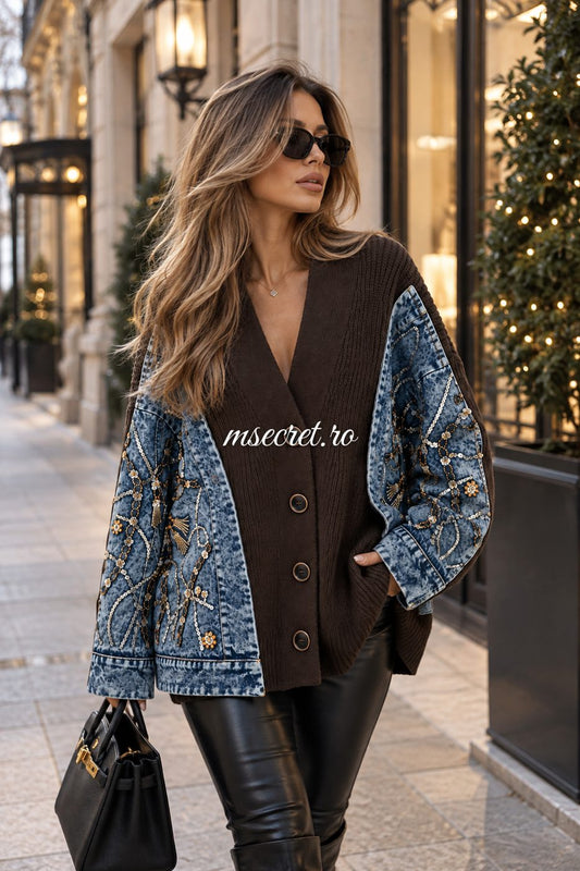 Pulover tip jacheta maro cu maneci din denim - pe model