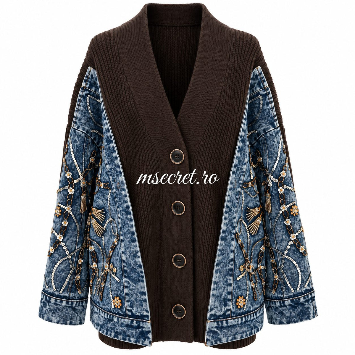 Pulover tip jacheta maro cu maneci din denim - vedere din fata