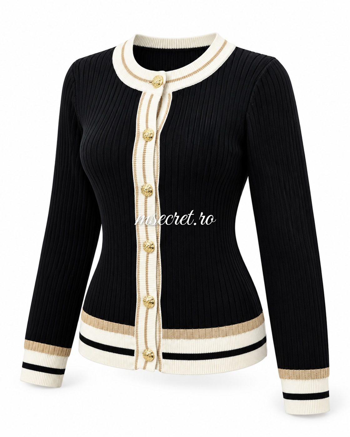 Pulover negru din tricot cu nasturi aurii si dungi crem si bej - vedere din lateral
