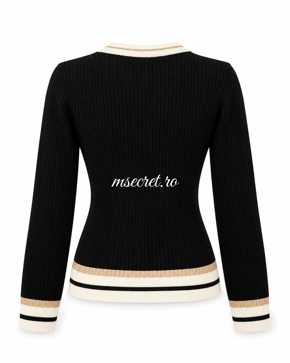 Pulover negru din tricot cu nasturi aurii si dungi crem si bej - vedere din spate