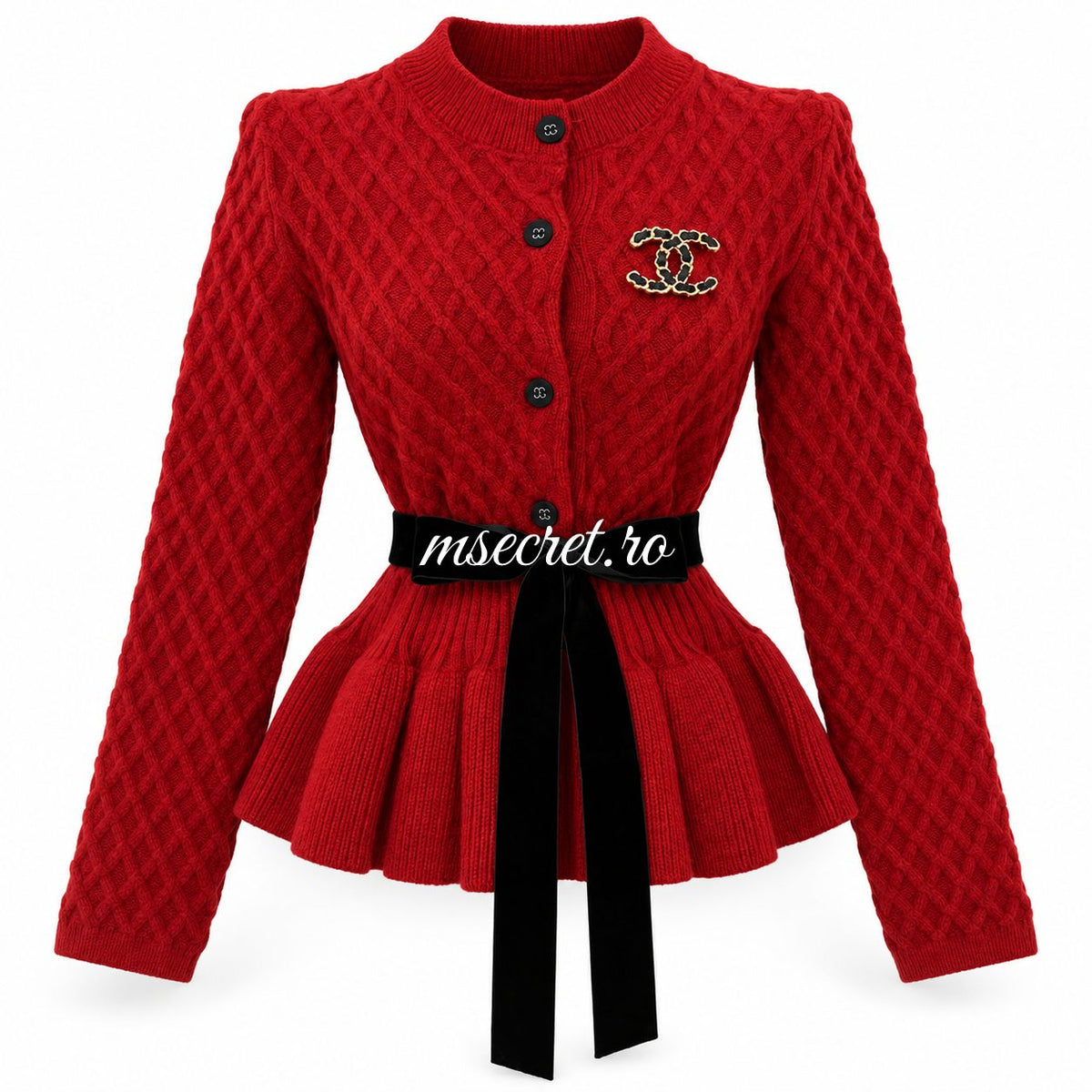Pulover rosu din tricot cu peplum si cordon negru - vedere din fata