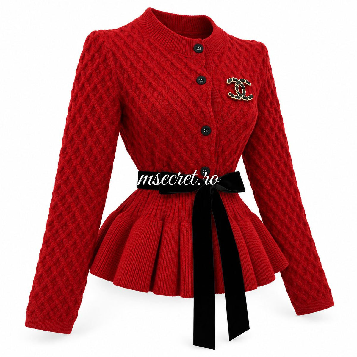 Pulover rosu din tricot cu peplum si cordon negru - vedere din lateral