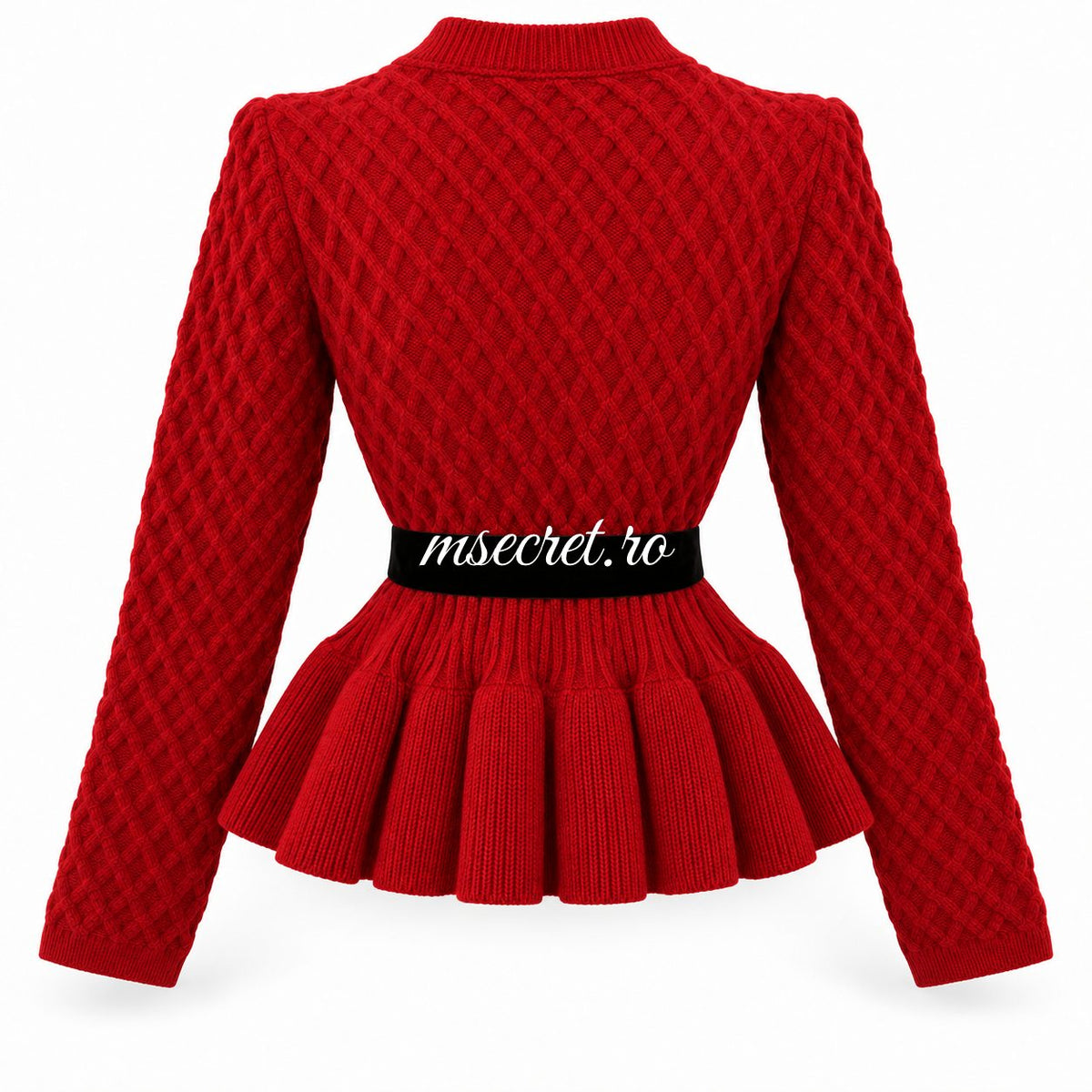 Pulover rosu din tricot cu peplum si cordon negru - vedere din spate