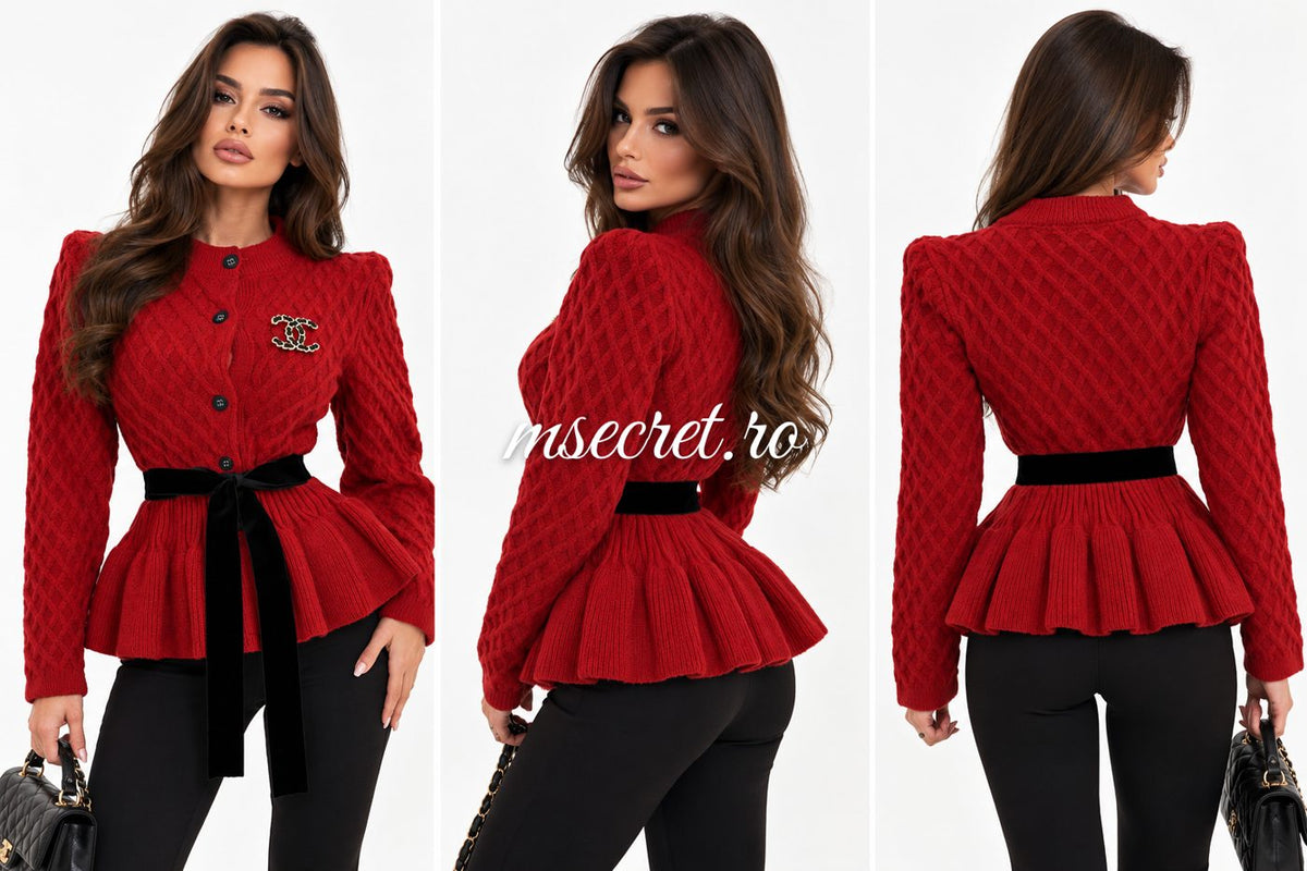 Pulover rosu din tricot cu peplum si cordon negru - colaj