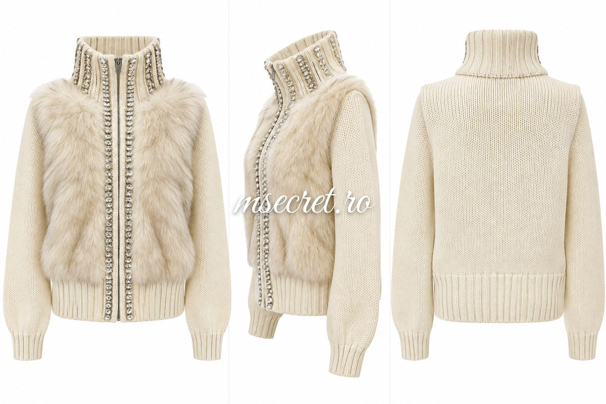 Pulover tip geaca crem cu blana si pietre - colaj