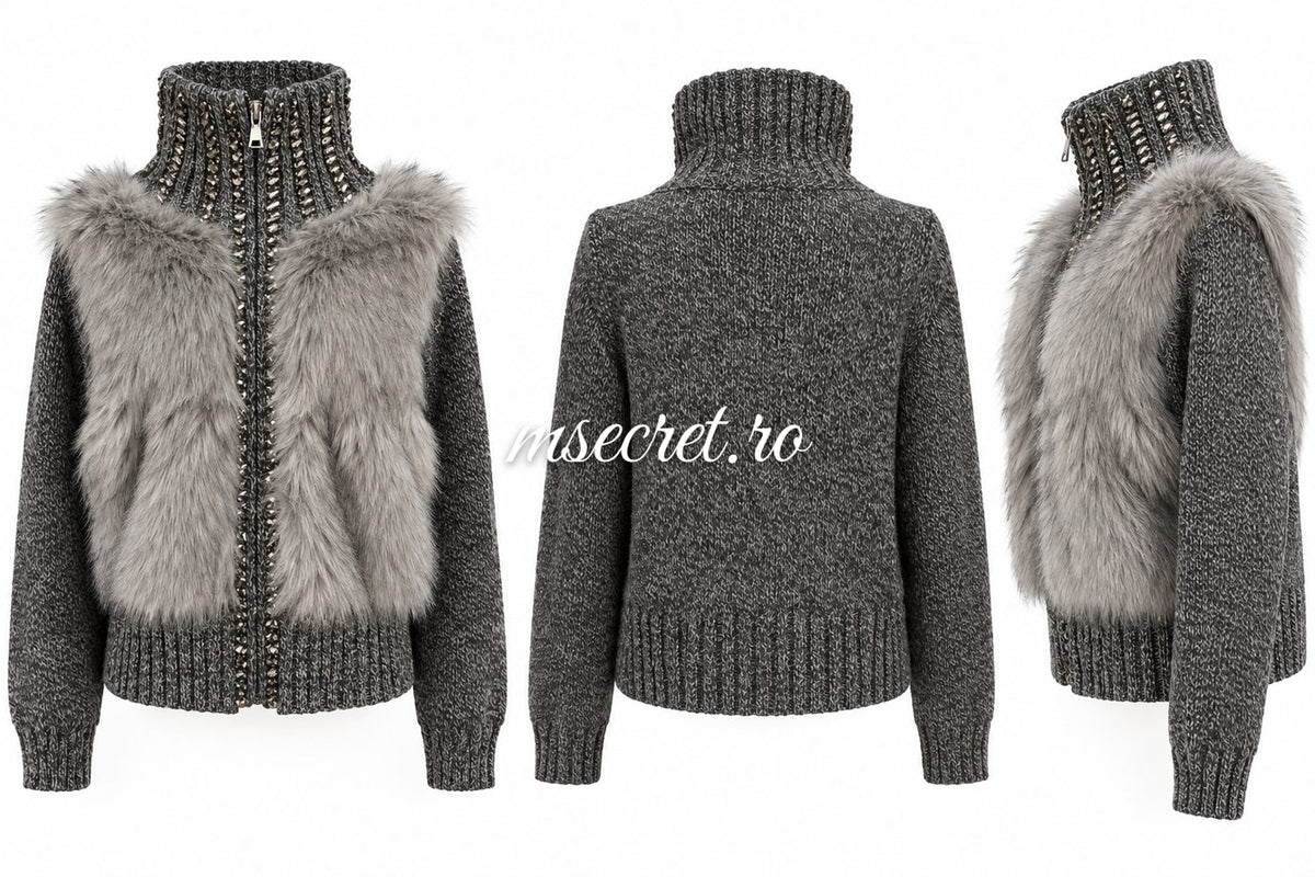 Pulover tip geaca gri cu blana si pietre - colaj