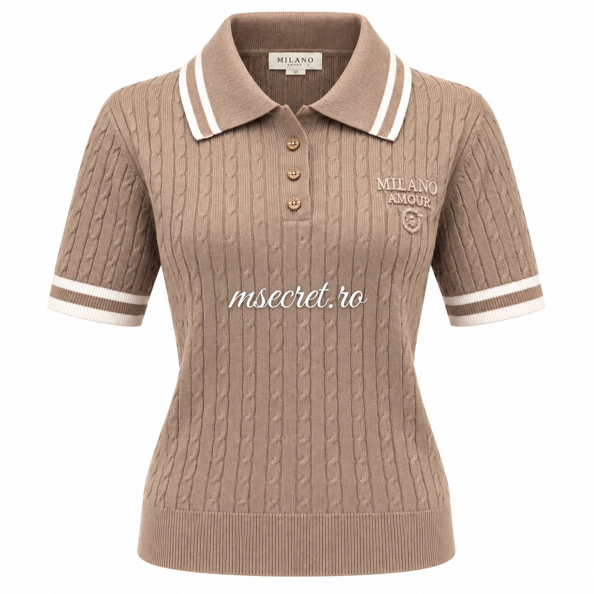 Pulover tricot bej cu guler si dungi