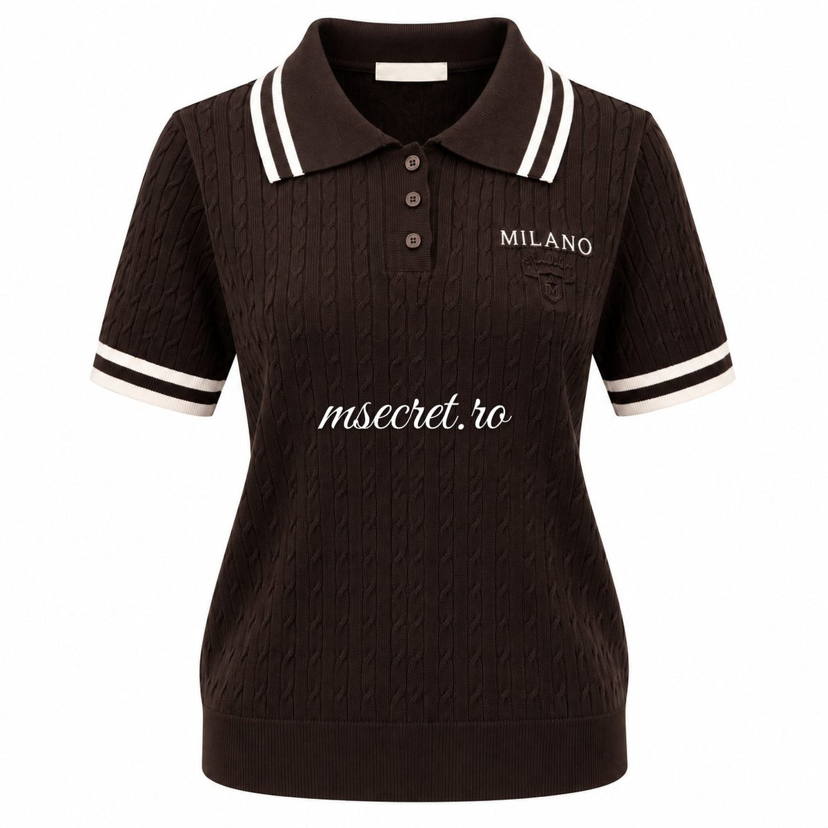 Pulover tricot maro cu guler si dungi