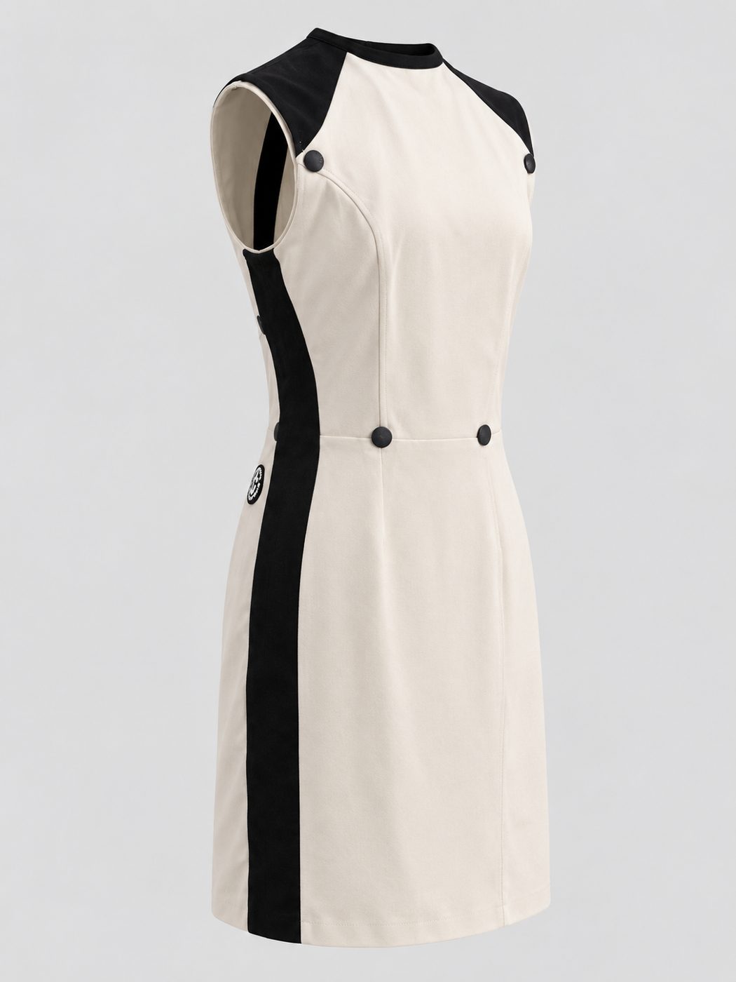 Rochie alba cu contur negru si nasturi decorativi