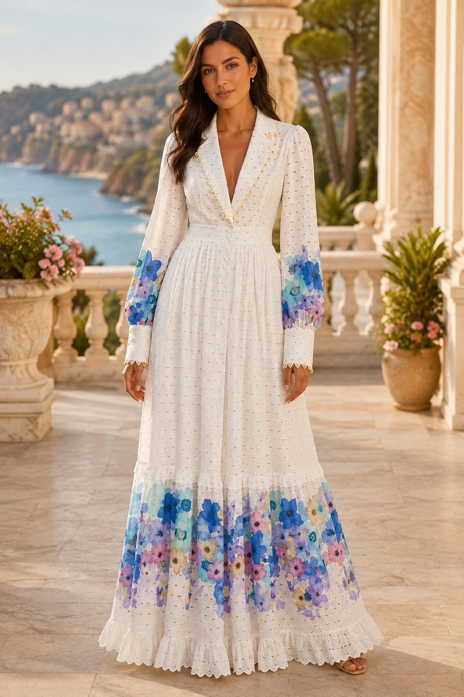 Rochie lunga alba din in cu broderie si imprimeu floral