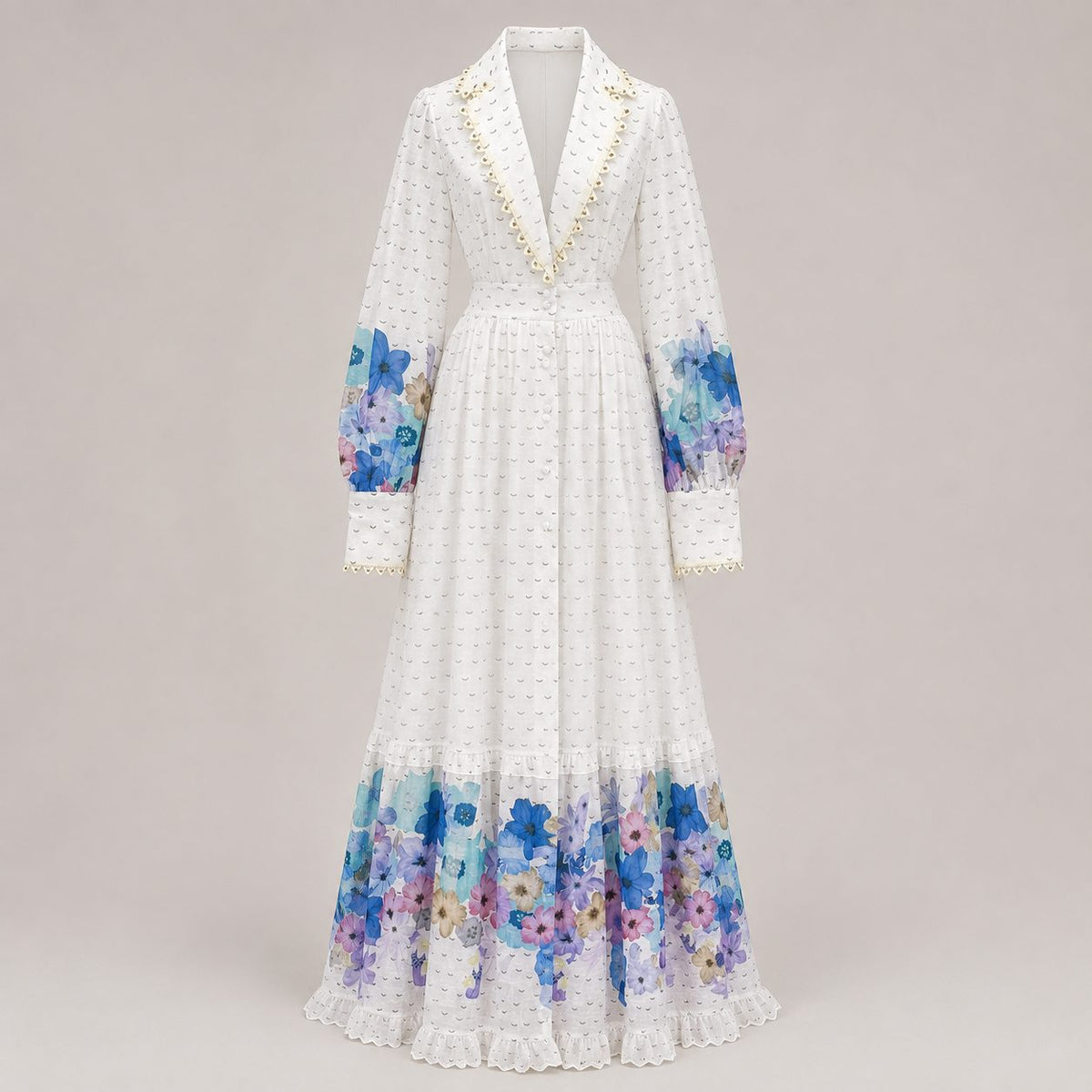 Rochie lunga alba din in cu broderie si imprimeu floral