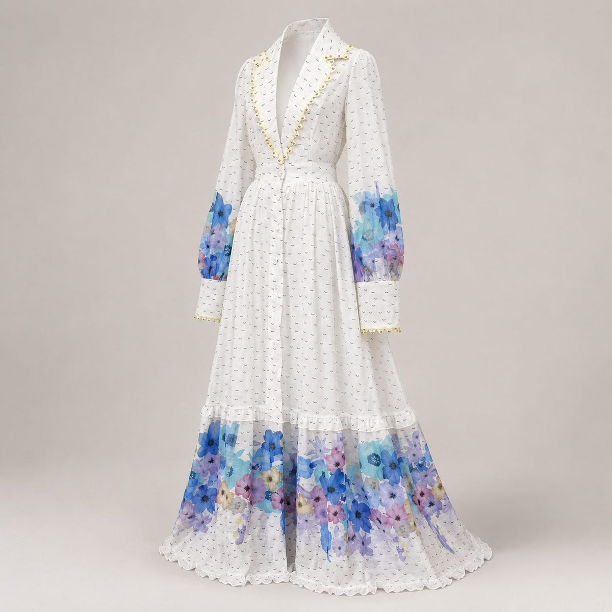 Rochie lunga alba din in cu broderie si imprimeu floral