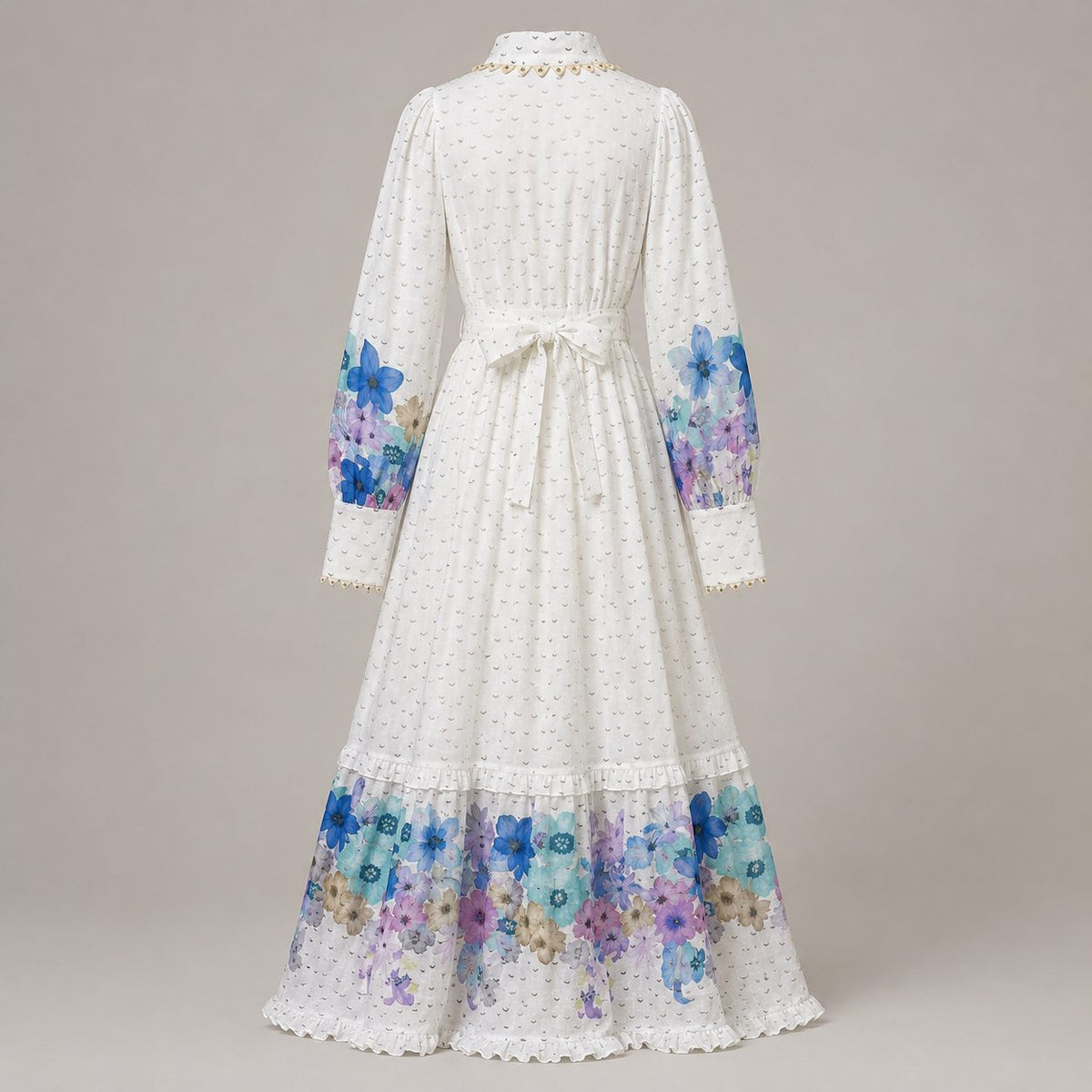 Rochie lunga alba din in cu broderie si imprimeu floral