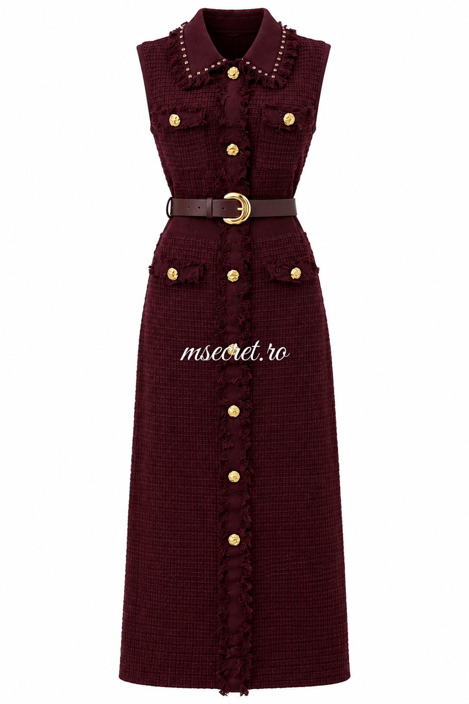 Rochie bordo din tricot cu nasturi si curea - vedere din fata