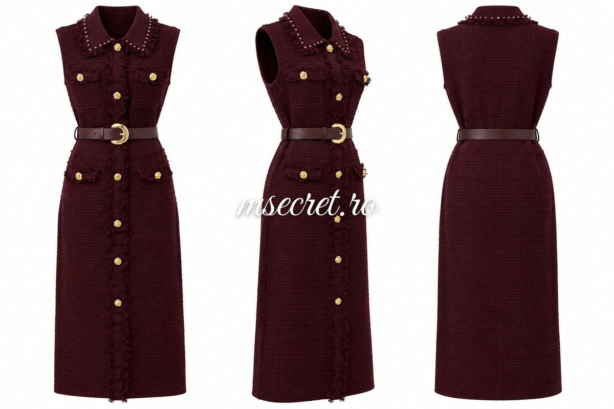 Rochie bordo din tricot cu nasturi si curea - detaliu
