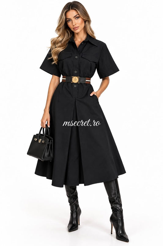 Rochie din bumbac neagra tip camasa cu curea - pe model