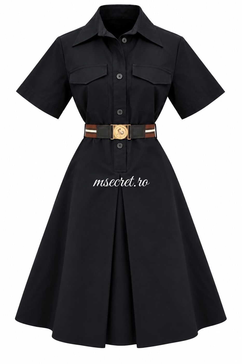 Rochie din bumbac neagra tip camasa cu curea - vedere din fata