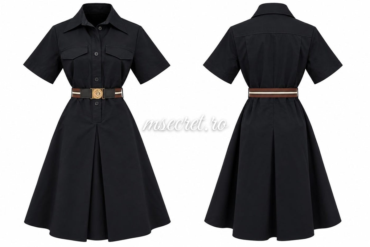 Rochie din bumbac neagra tip camasa cu curea - colaj