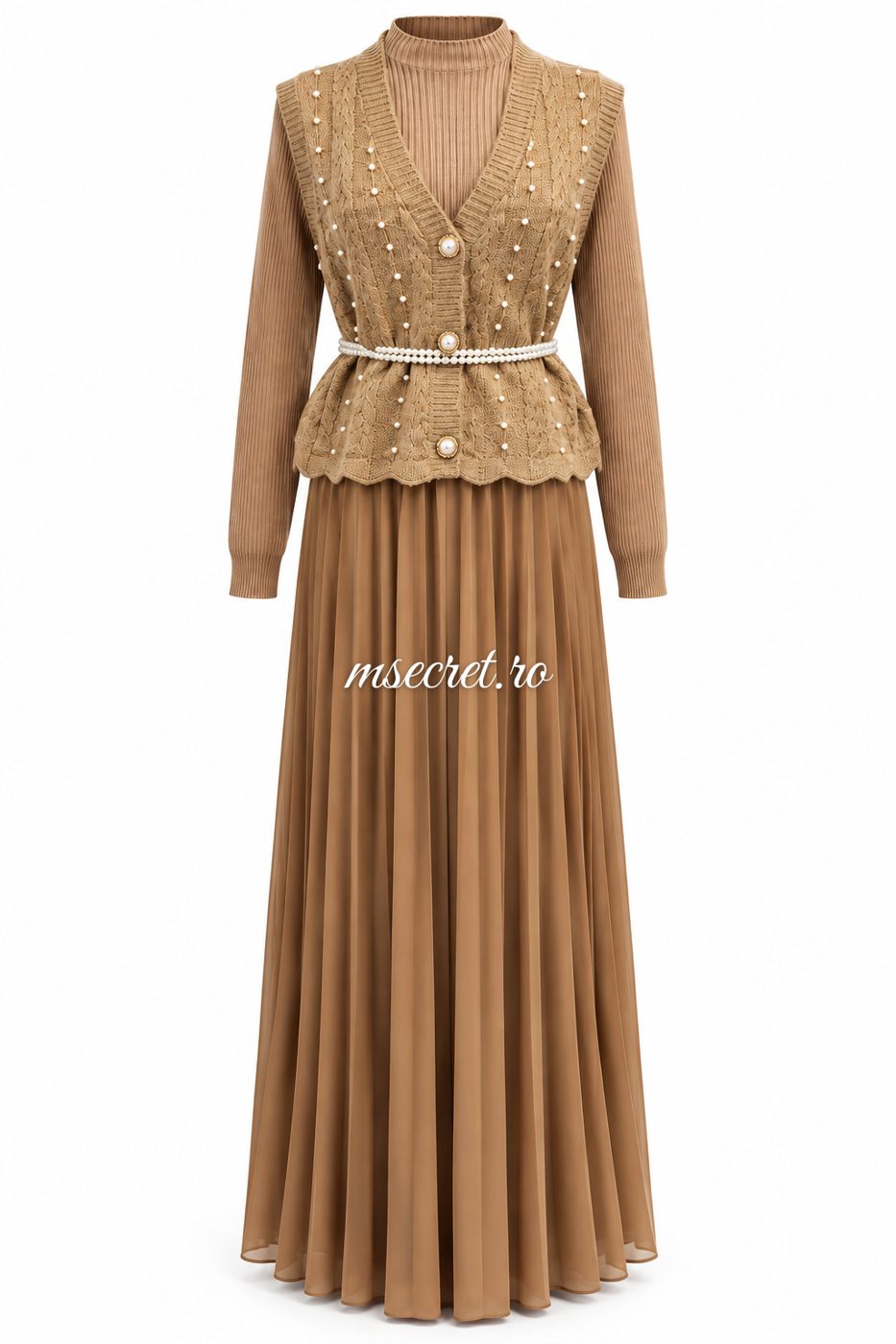 Rochie camel din tricot cu pietre si fusta plisata - vedere din fata