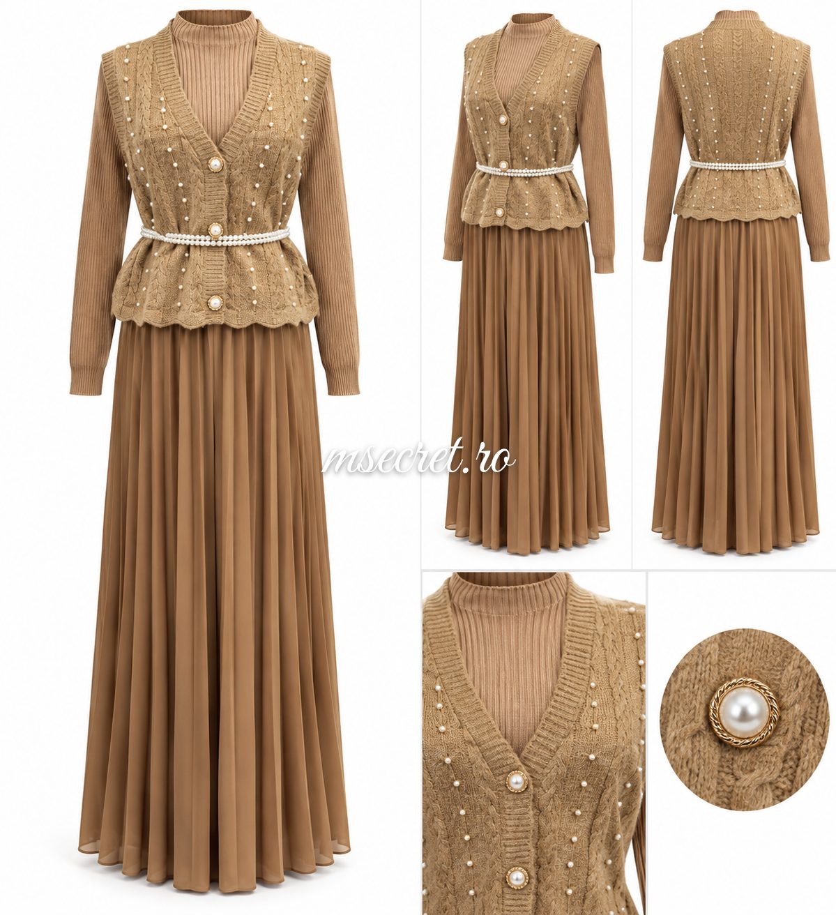 Rochie camel din tricot cu pietre si fusta plisata - detaliu