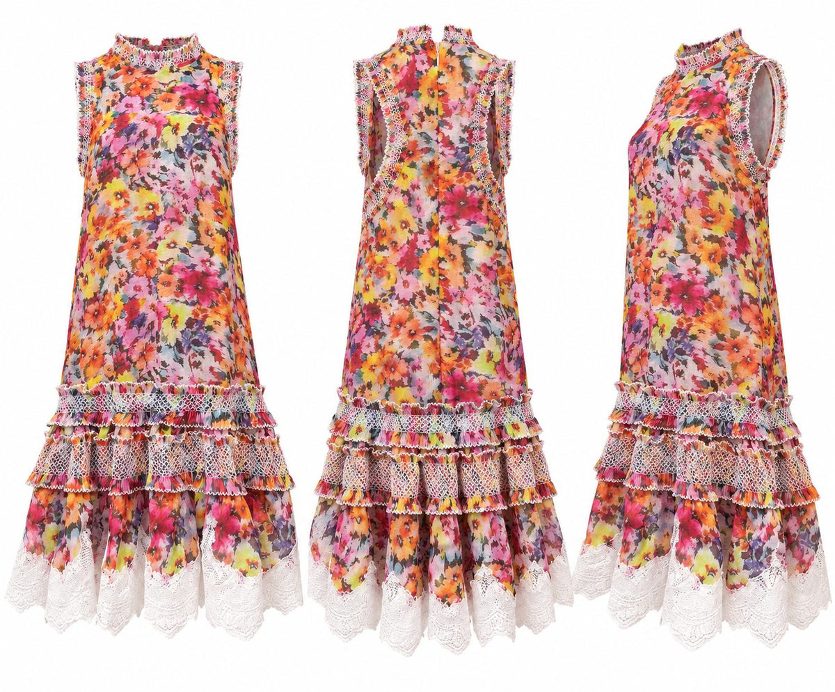 Rochie scurta din in cu imprimeu floral si volane din dantela