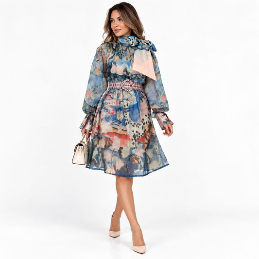 Rochie din in cu imprimeu floral si cordon in talie