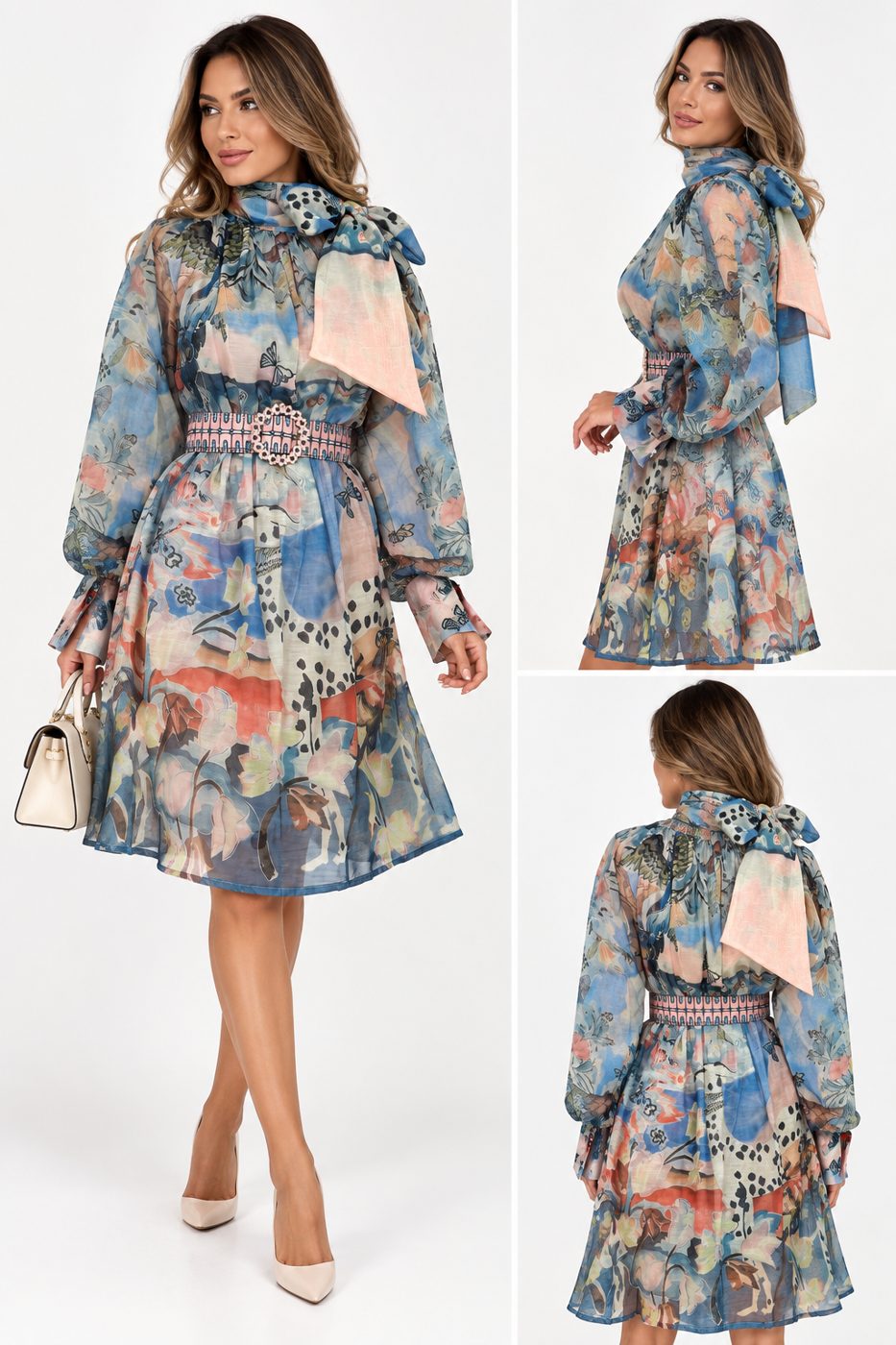 Rochie din in cu imprimeu floral si cordon in talie