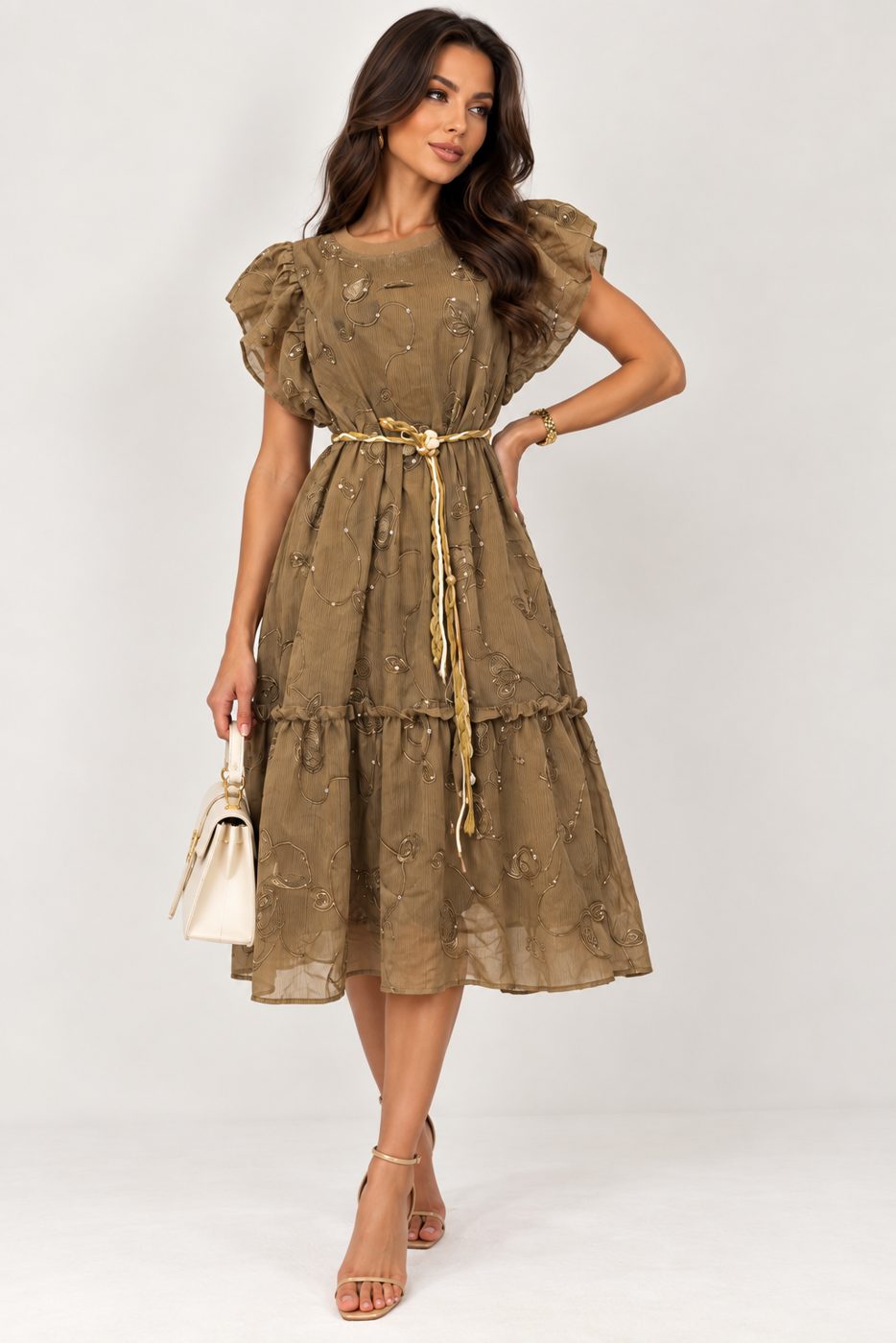 Rochie midi kaki cu broderie, perle si cordon in talie