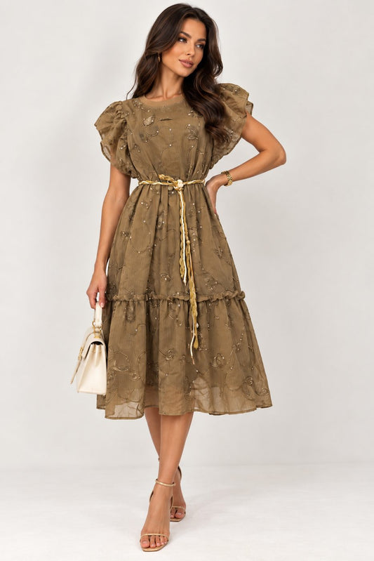 Rochie midi kaki cu broderie, perle si cordon in talie