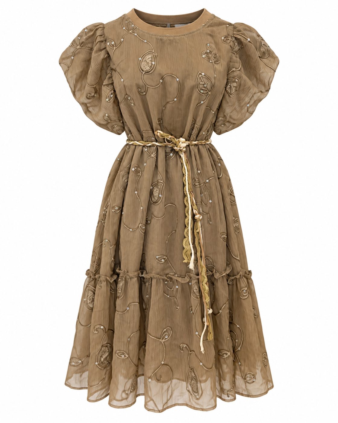 Rochie midi kaki cu broderie, perle si cordon in talie