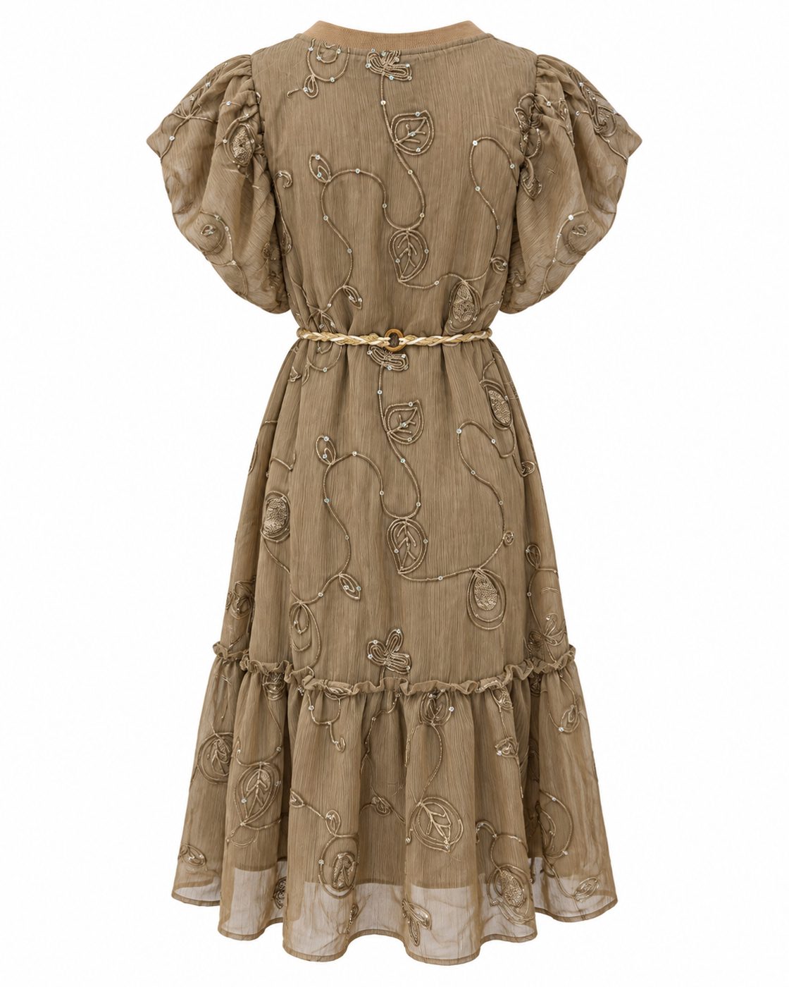 Rochie midi kaki cu broderie, perle si cordon in talie