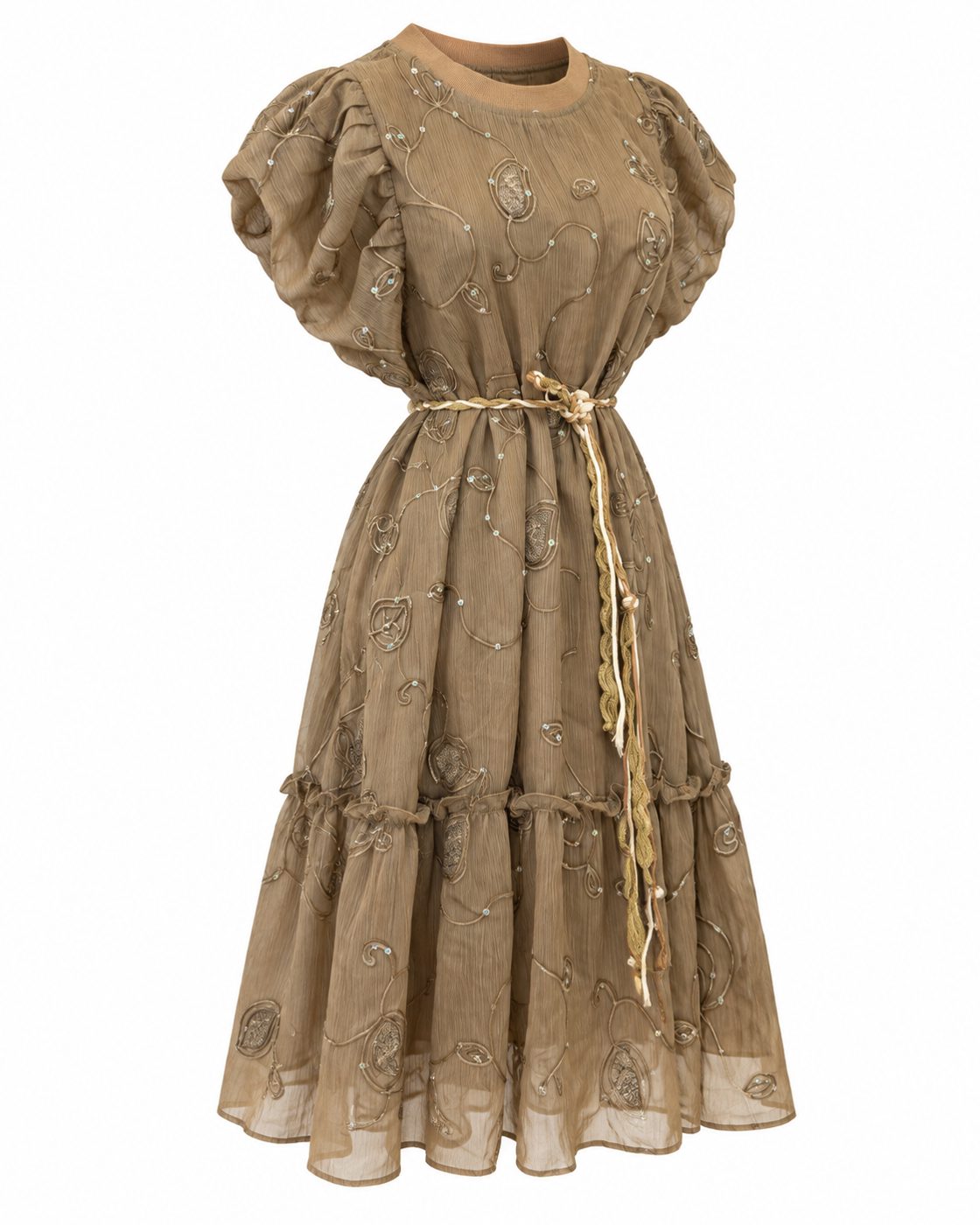 Rochie midi kaki cu broderie, perle si cordon in talie