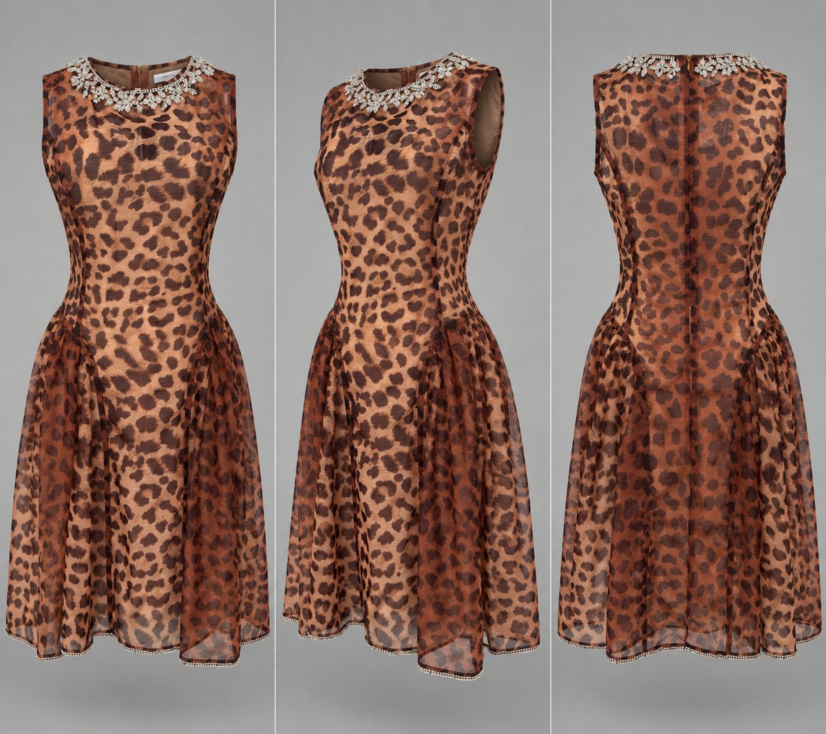 Rochie midi cu imprimeu leopard si guler cu pietre
