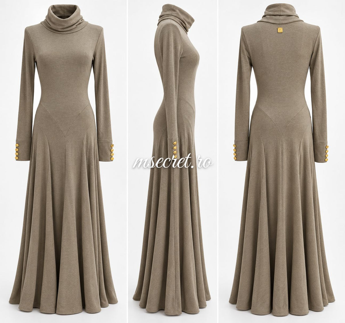 Rochie lunga elastica bej cu detalii aurii - colaj