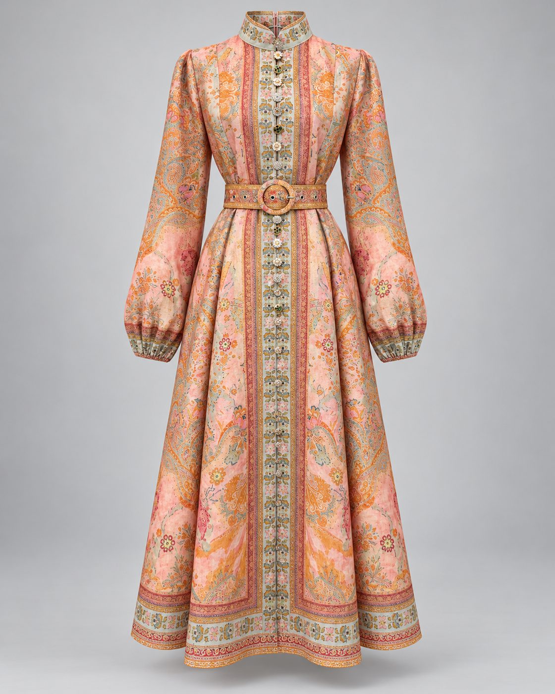 Rochie lunga cu imprimeu paisley si nasturi bijuterie