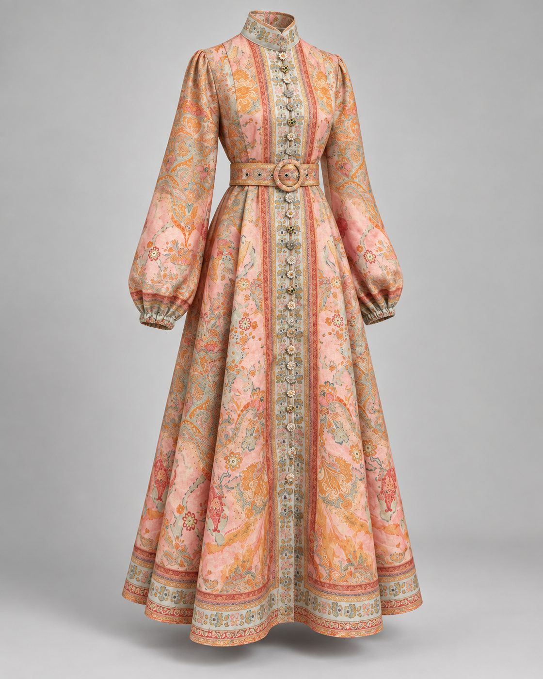 Rochie lunga cu imprimeu paisley si nasturi bijuterie
