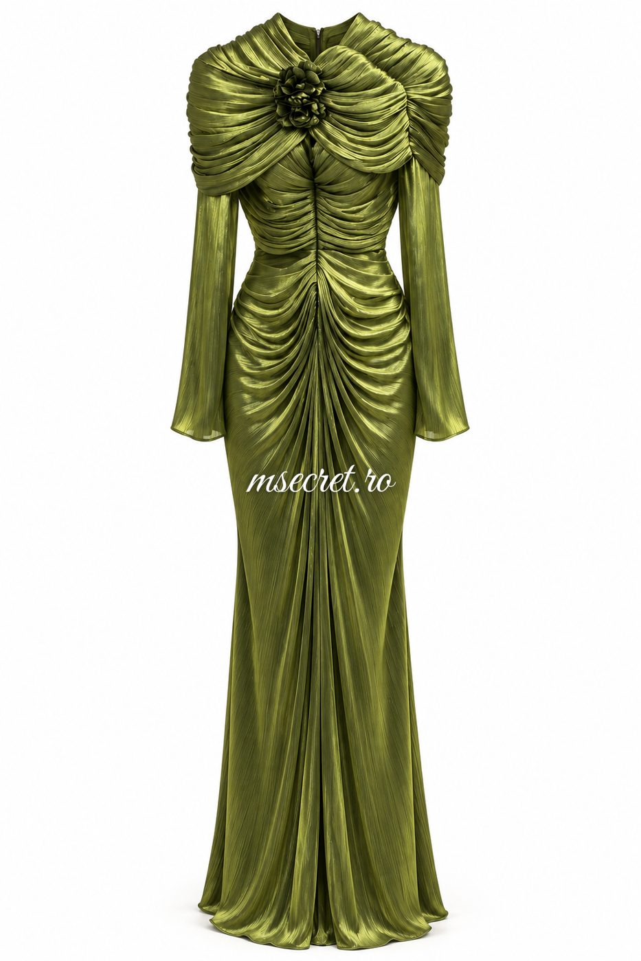 Rochie lunga verde din satin drapat - vedere din fata