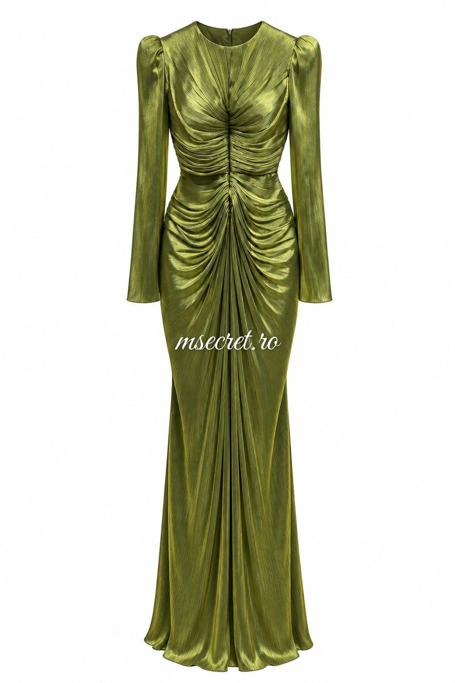 Rochie lunga verde din satin drapat - vedere din lateral