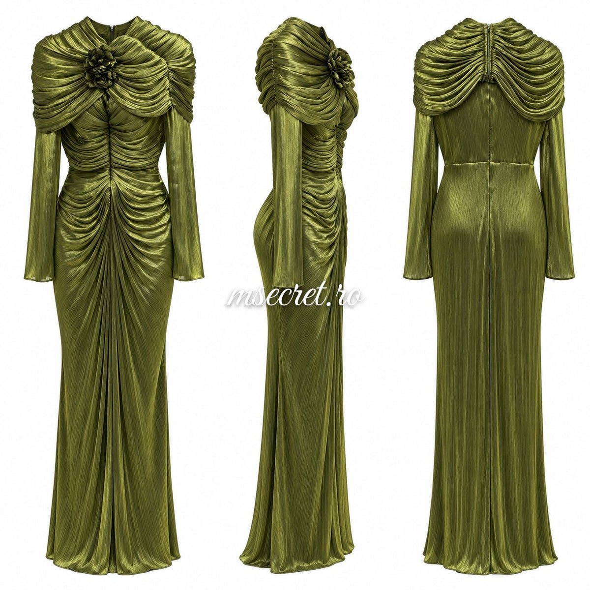 Rochie lunga verde din satin drapat - colaj