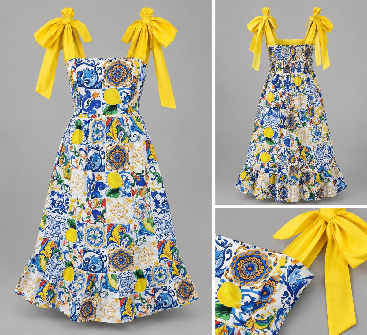 Rochie scurta din bumbac cu imprimeu maiolica si funde detasabile