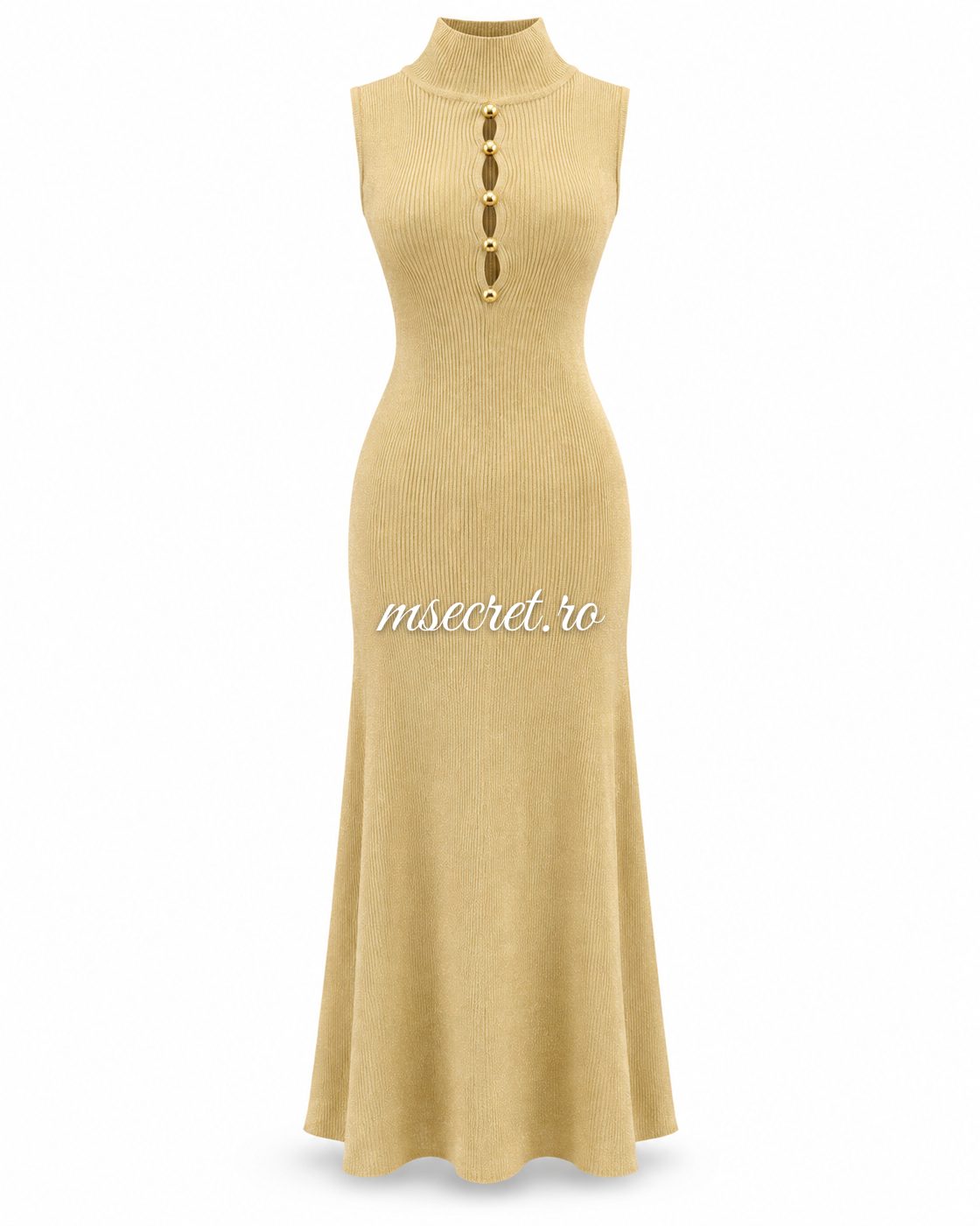 Rochie midi bej cu fir auriu, fara maneci - vedere din fata