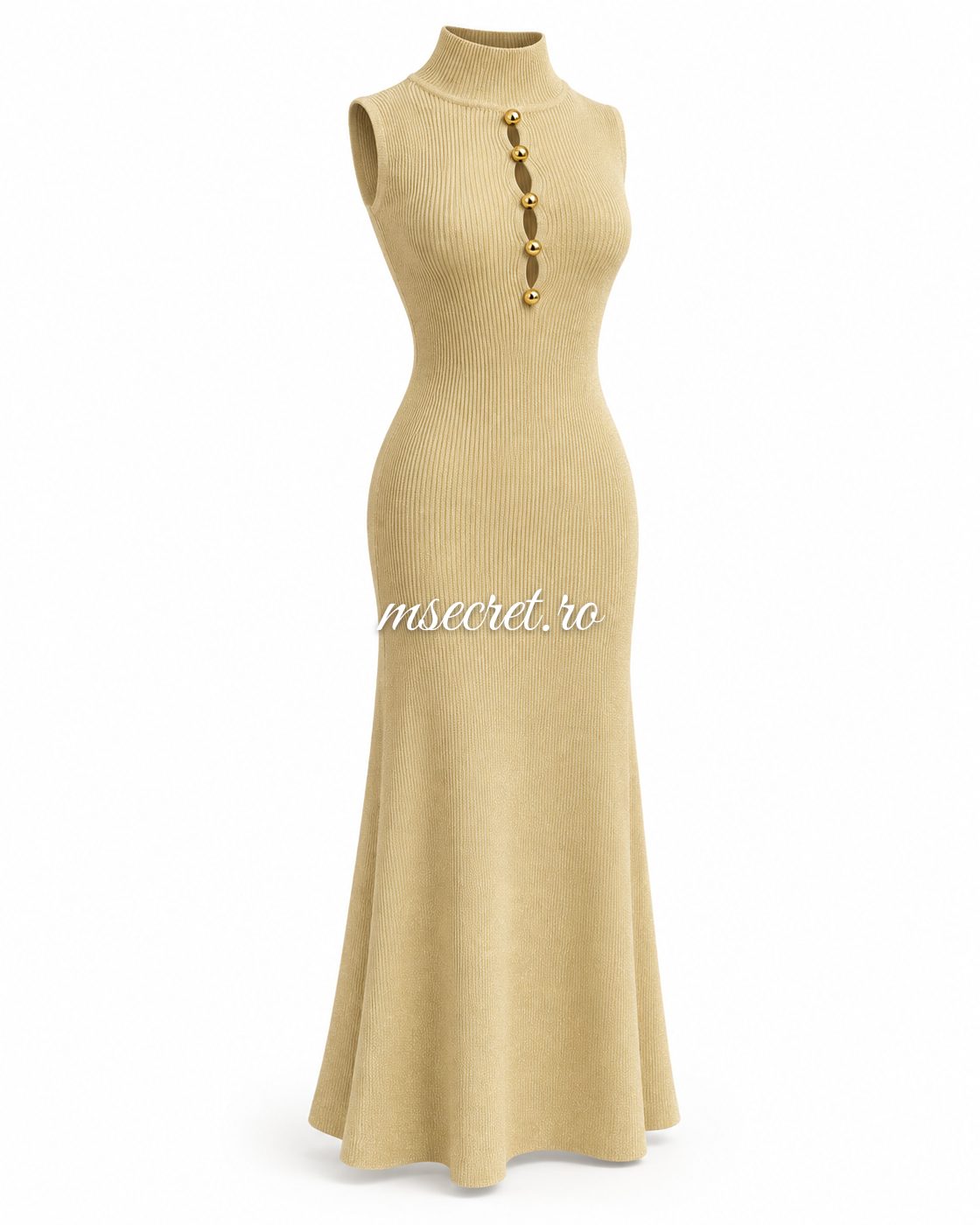 Rochie midi bej cu fir auriu, fara maneci - vedere din lateral