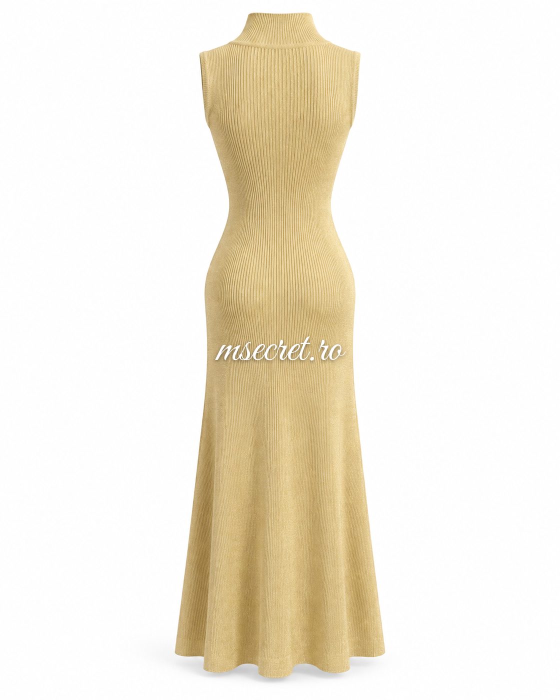 Rochie midi bej cu fir auriu, fara maneci - vedere din spate