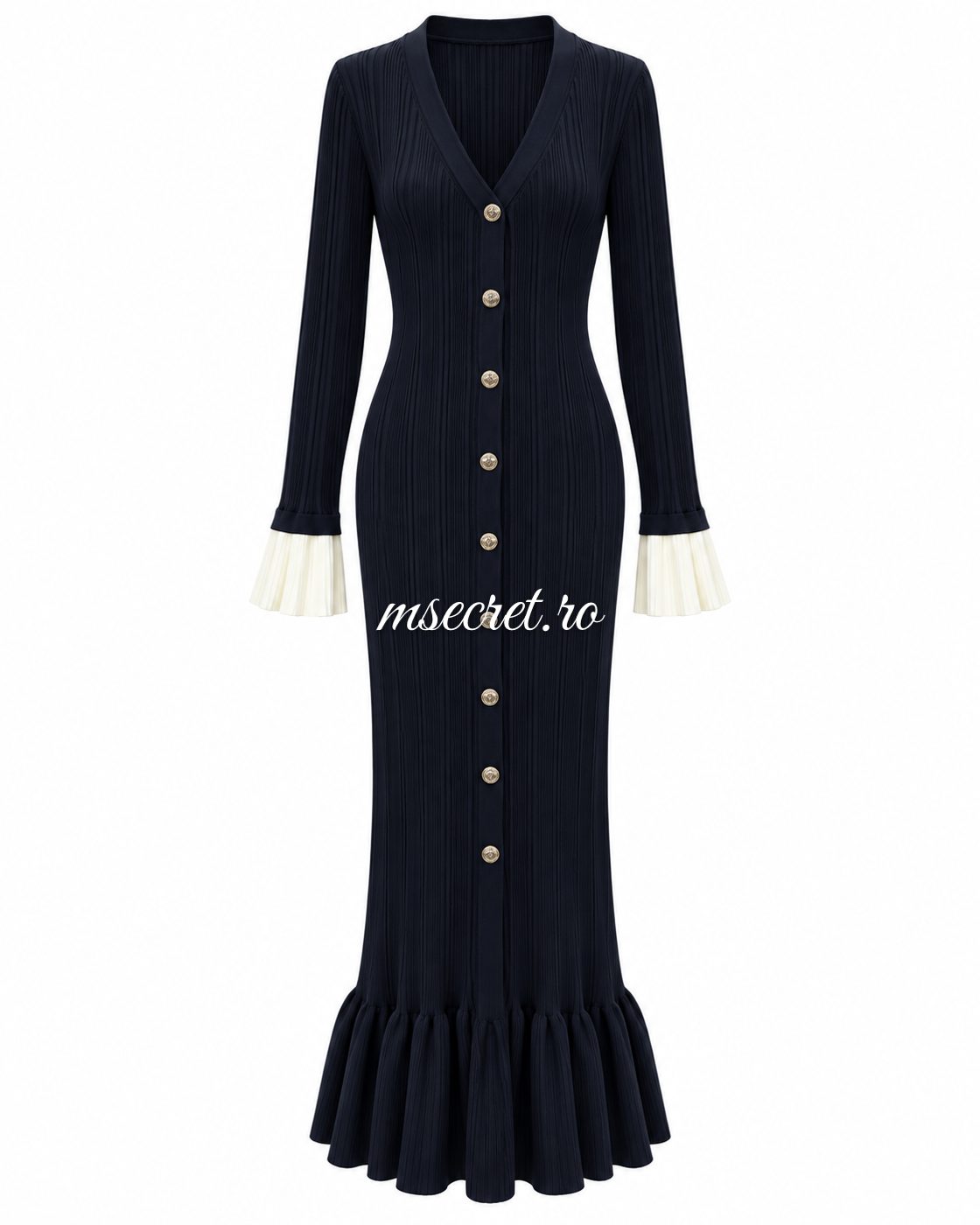 Rochie midi bleumarin cu nasturi, volan si mansete albe - vedere din fata