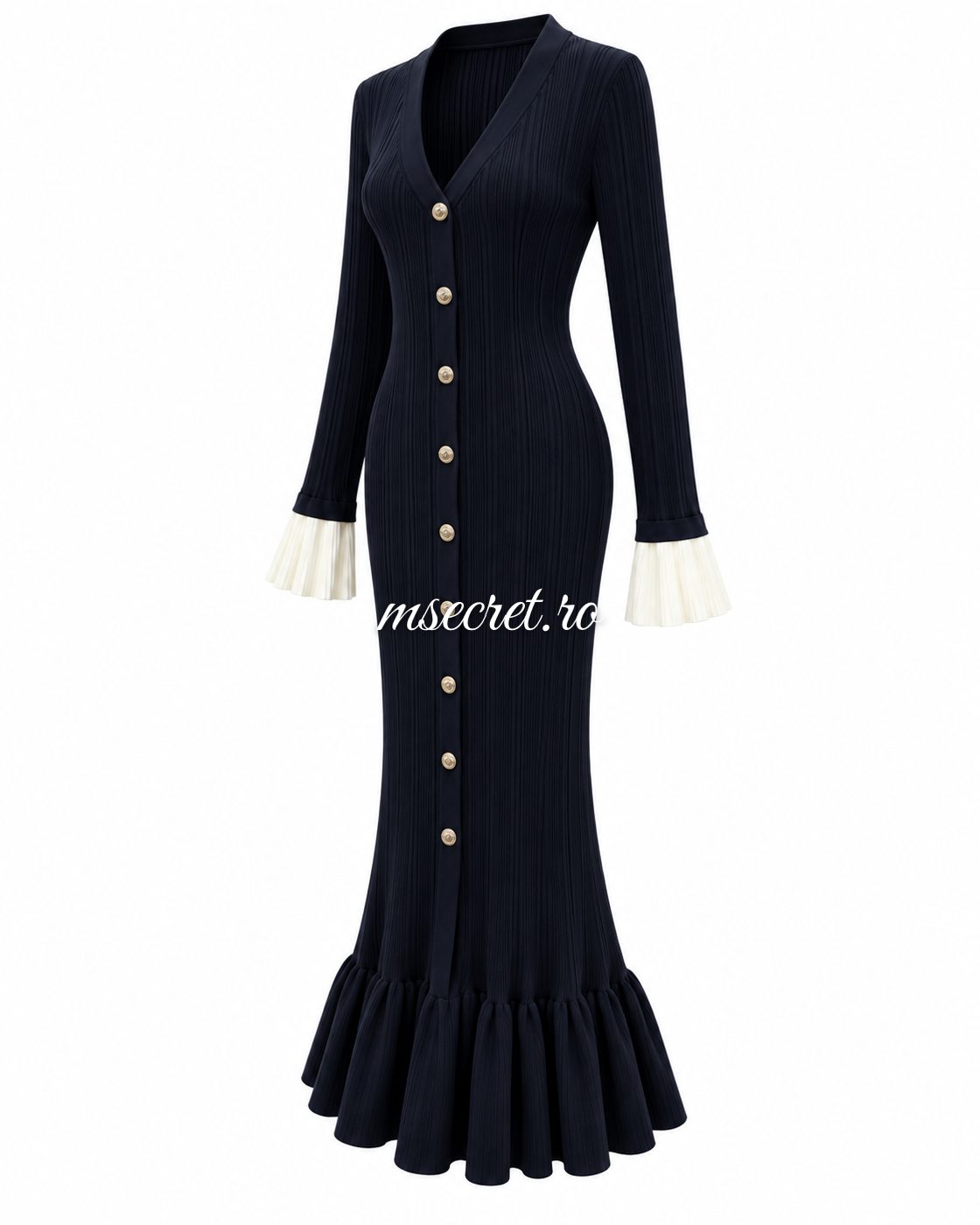 Rochie midi bleumarin cu nasturi, volan si mansete albe - vedere din lateral