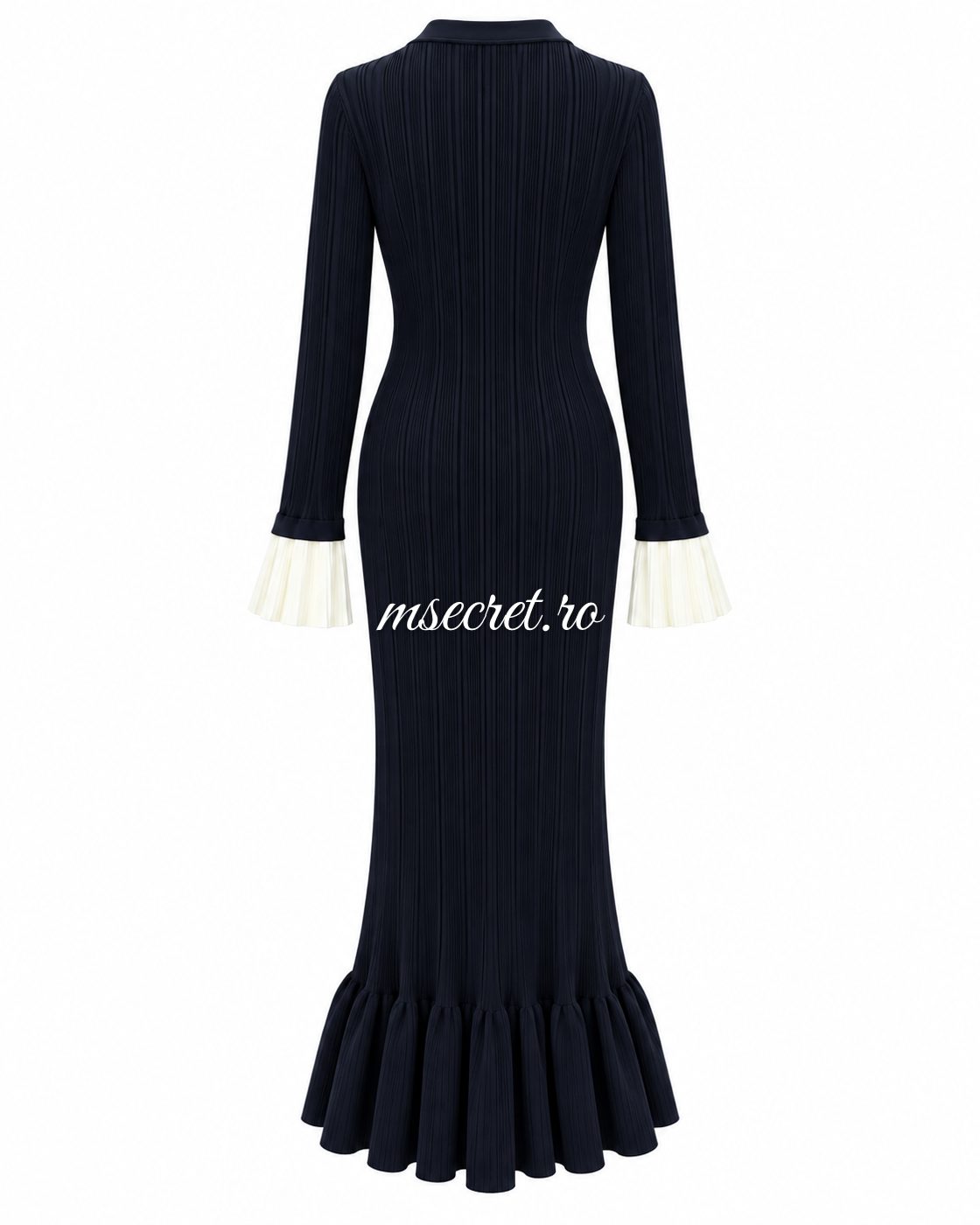 Rochie midi bleumarin cu nasturi, volan si mansete albe - vedere din spate