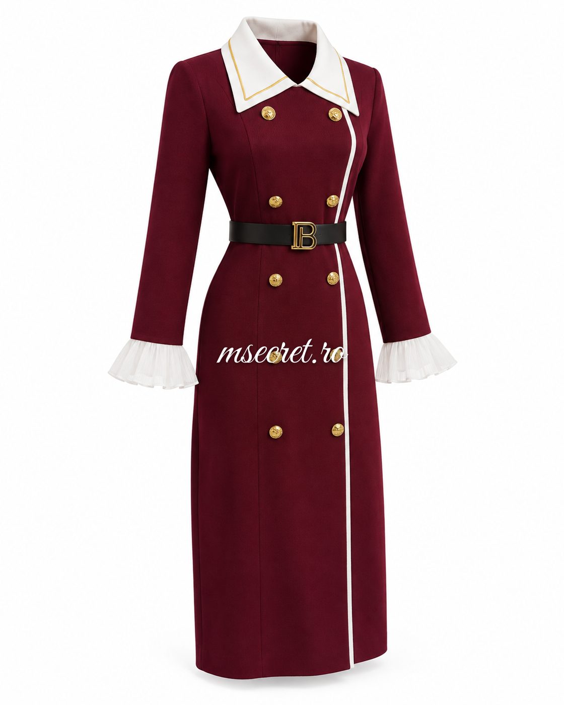 Rochie midi bordo din tricot cu guler alb si curea - vedere din fata