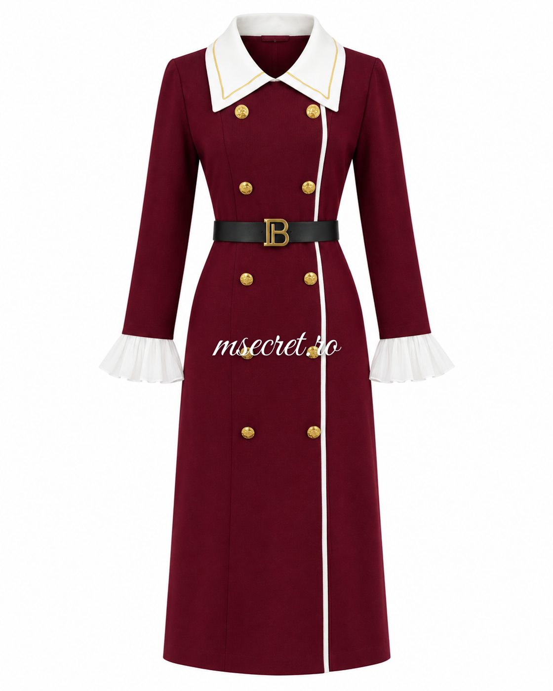 Rochie midi bordo din tricot cu guler alb si curea - vedere din fata 2