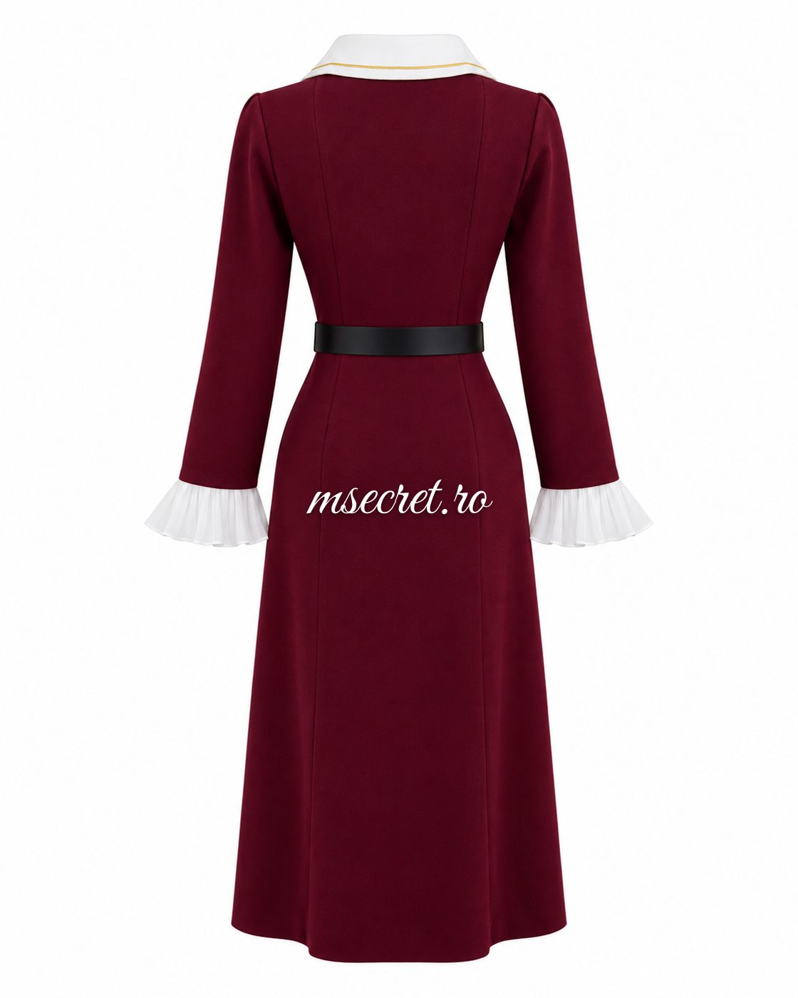 Rochie midi bordo din tricot cu guler alb si curea - vedere din spate